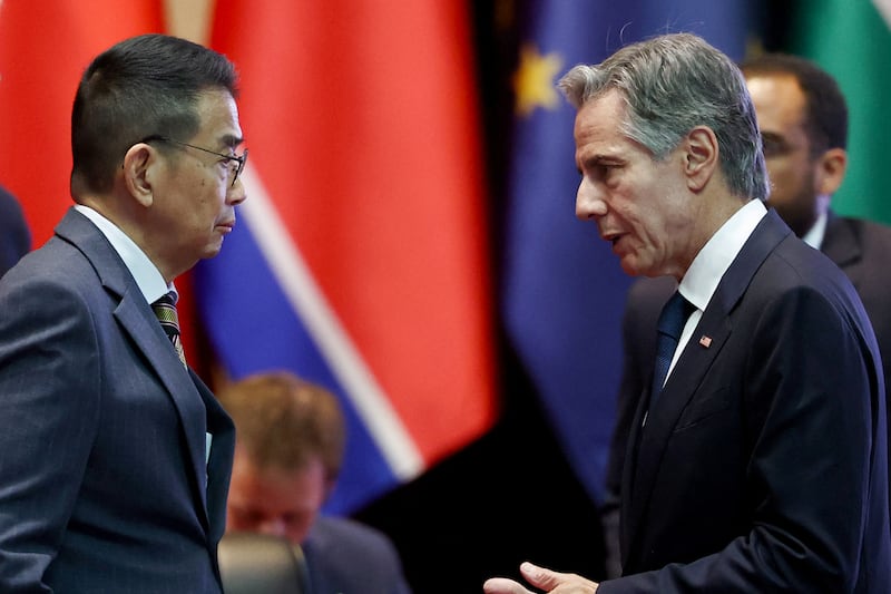 U.S. Secretary of State Antony Blinken talks with Thailand's Foreign Minister Maris Sangiampongsa before the 31st ASEAN Regional Forum at the 57th ASEAN Foreign Ministers' Meeting at the National Convention Center, in Vientiane, Laos, July 27, 2024.
