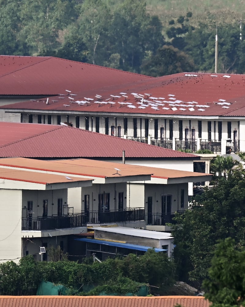 This Sept. 17, 2025, photo shows what appears to be Starlink satellite dishes on the roof in the KK Park complex in Myanmar's eastern Myawaddy township, as pictured from Mae Sot district in Thailand's border province of Tak.