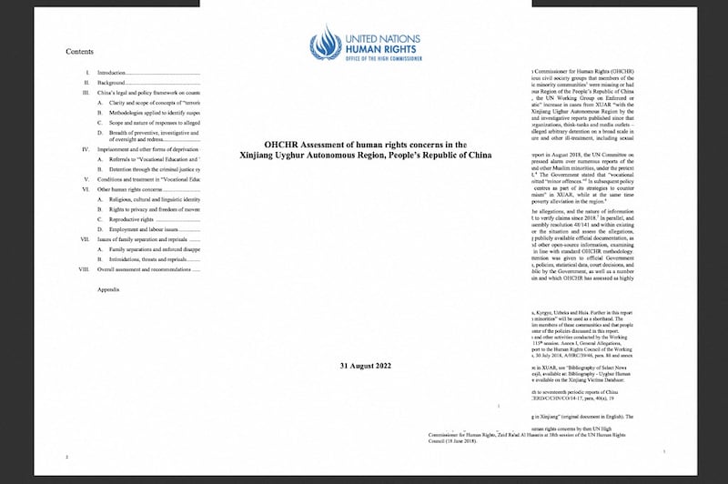 ب د ت نىڭ جەنۋەدىكى كىشىلىك ھوقۇق ئىشخانىسى 31-ئاۋغۇست كۈنى ئېلان قىلغان ئۇيغۇرلارغا ئالاقىدار دوكلاتى. 2022-يىلى 1-سېنتەبىر، جەنۋە.