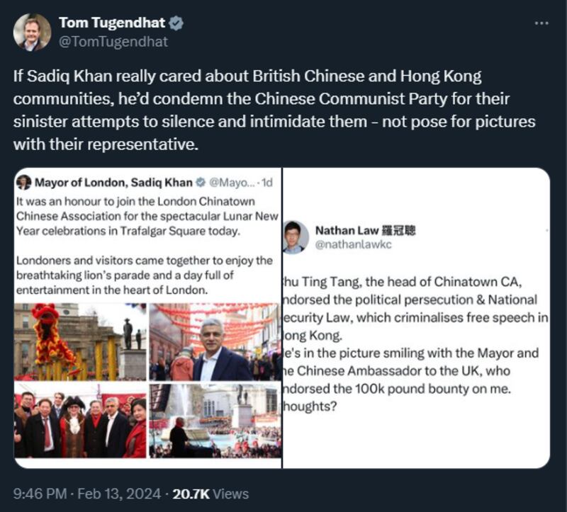 英國保安國務大臣董勤達(Tom Tugendhat)批評倫敦市長。(英國保安國務大臣X)