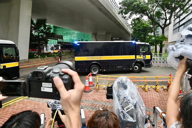 A prison van arrives at the West Kowloon Magistrates' Courts for the closing arguments in Jimmy Lai's national security trial on Aug. 18, 2025 in Hong Kong.