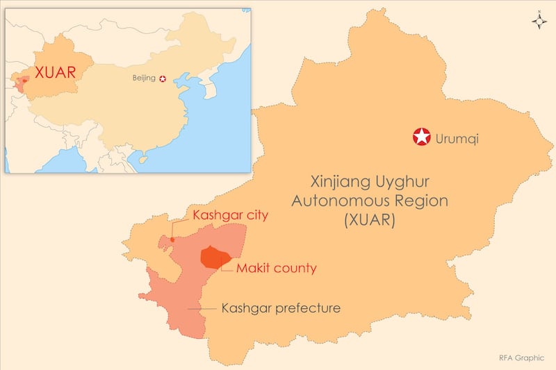 A map shows Kashgar city and neighboring Makit county in northwest China's Xinjiang Uyghur Autonomous Region (XUAR).
