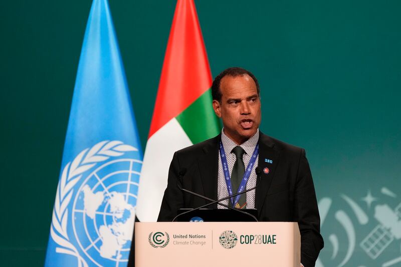 Ralph Regenvanu, Vanuatu climate change minister, speaks during a plenary session at the COP28 U.N. Climate Summit, Saturday, Dec. 9, 2023, in Dubai, United Arab Emirates.
