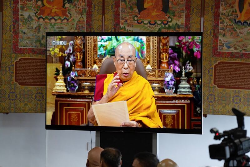 Tibetan spiritual leader the Dalai Lama speaks via video at the 15th Tibetan Religious Conference in Dharamsala, India, July 2, 2025.