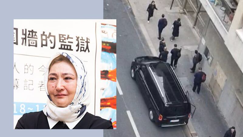 5月8日,習近平訪法結束後隔天,新疆集中營見證人古力巴哈遭到10多名黑衣男子的遣返威脅。(歐洲維吾爾學院主席迪麗努爾X圖)