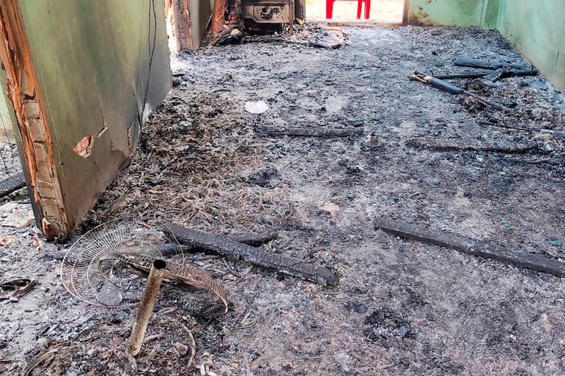 Debris and soot cover the floor of a middle school in Let Yet Kone village in Tabayin township in the Sagaing region of Myanmar on Sept. 17, 2022, the day after an air strike hit the school. (AP)